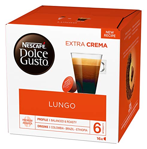 Image of Nescafe Dolce Gusto Lungo Coffee Capsules - 100% Arabica Beans, Fine Crema, Strong Aroma, Quick Preparation, Aroma-Sealed - Pack of 1 (16 Capsules) 104g