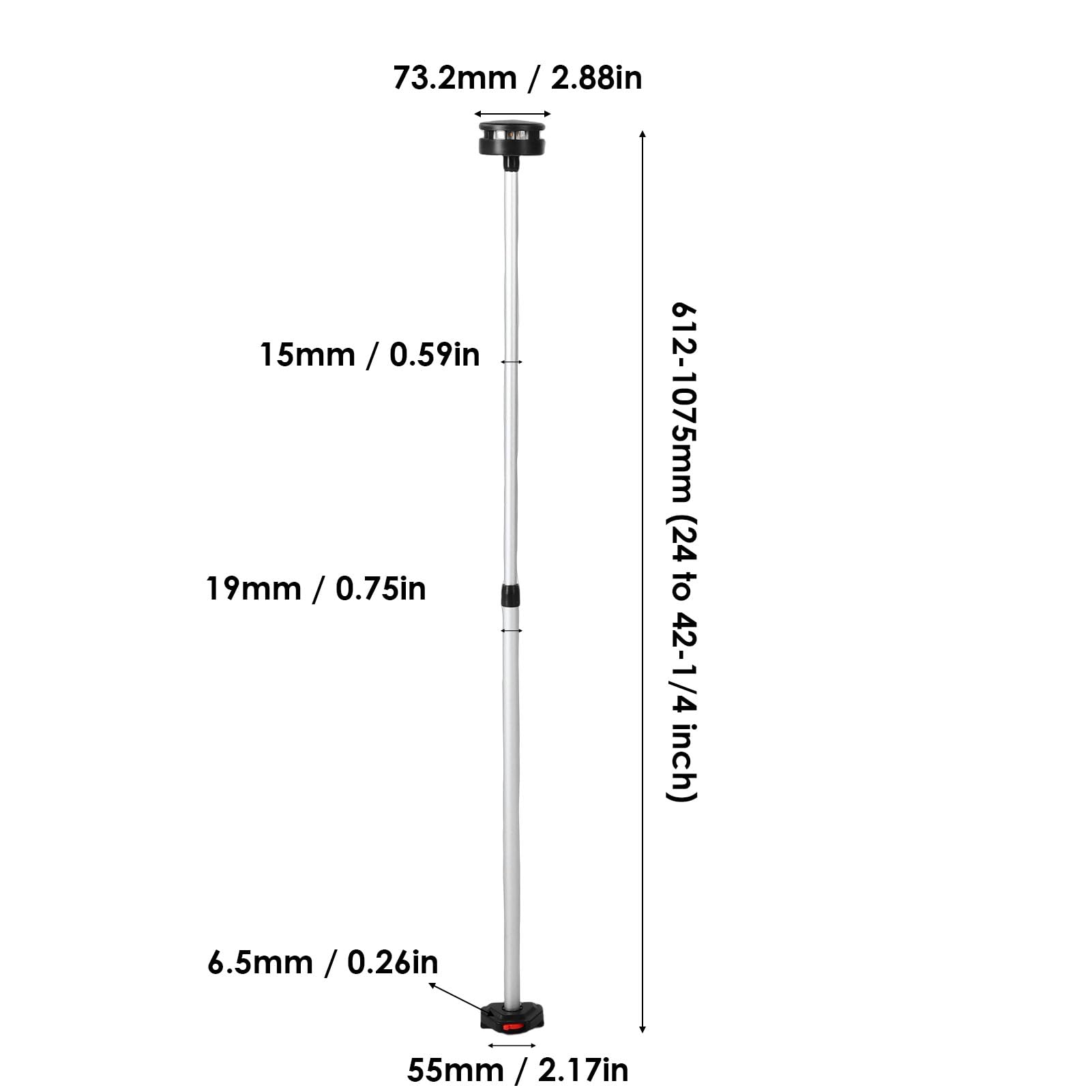 Hyuduo Luce di Navigazione a LED Prua per Barche Asta Telescopica Regolabile da 24 a 42,25 Pollici con Base Rimovibile Luce Marina Alimentata a Batteria IP67 per Piccole Imbarcazioni