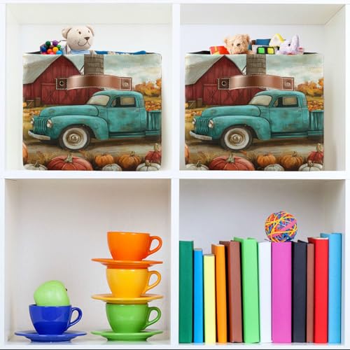 Image of Aslsiy Storage Basket Autumn Pumpkins Truck Maple Nursery Bins Fall Tree Baby Box Canvas Clothes Shelf Basket Laundry Hampers 1 Pcs
