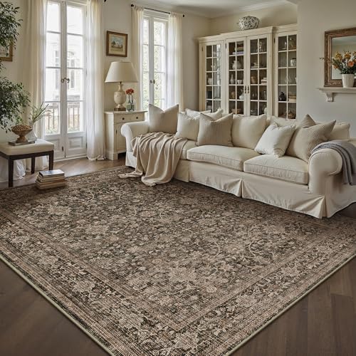HUGEAR 9x12 Washable Rugs Brown Large Area Rug Indoor Retro Rug Thin Low Pile Carpet Lightweight Throw Rug Bedroom Living Room Office Dining Kitchen Laundry