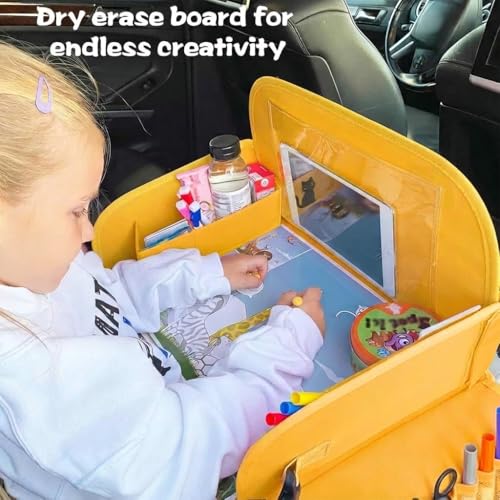 Image of MENZOKE Kids Travel Tray for Toddler Car Seat, Toddler Gift for Boy | Road Trip Essentials Accessories Lap Tray, 16.5 x 13 inch, iPad Holder Stand, Storage Pockets, Snack Compartment, Yellow