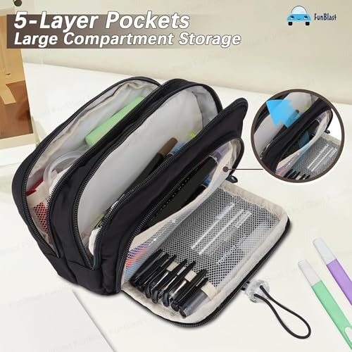 Image of FunBlast Pencil Pouch for Girls - Multiple Compartment Zipper Pouch with Drawstring Pocket, Aesthetic Pouch for Girl, Kawaii Pencil Case, Cute Pouches for Girls, Return Gift for Kids (Black-White)