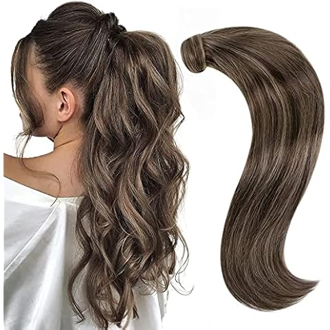 Brown Ponytail Hair Extensions Highlight Dark Brown Human Hair Ponytail Extensions Straight Real Hair Ponytail Extension 16 Inch 80 Gram Cover