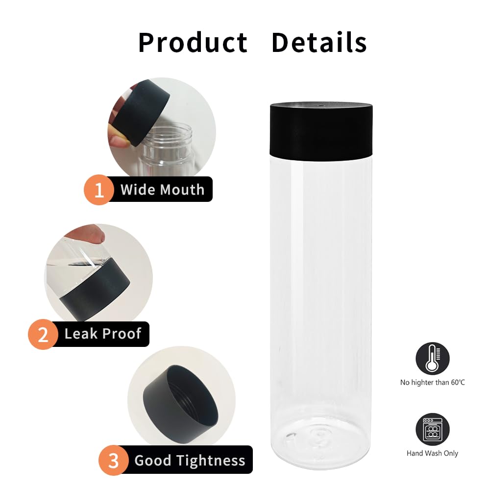 BiBOTLSFLY Lot de 16 bouteilles de jus en plastique transparent réutilisable avec couvercles noirs, idéales pour l'eau, le jus, le lait et d'autres boissons faites maison - 500 ml