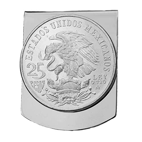 1968 Mexico Olympic 25 Pesos Silver Coin Ley .720 Silver Coin Stainless Steel Large Money Clip - Wide Design National Arms Eagle on Cactus - Silver Coin Bezel