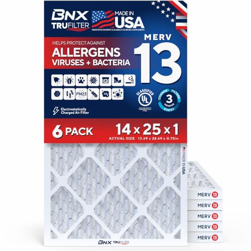 Image of BNX TruFilter 14x25x1 Air Filter MERV 13 AC Filter, HVAC Furnace Filter, 6 Pack (ACTUAL SIZE 13.69 inchx24.69 inchx0.75 inch) Allergies, Dust, Pet Dander & Smoke - MADE IN USA - MPR1500 / FPR 10