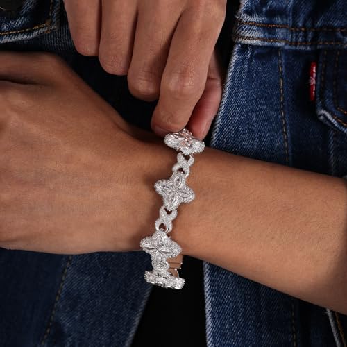 Lulu Mel Cross Infinity Charm Cuban Chain Bracelet for Men Women, Iced Out Silver Colorful Prong Setting 5A Cubic Zirconia Diamond Fashion Four-Leaf Cuban Bracelet for Rapper Gift3