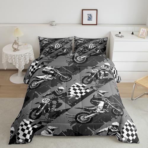 jejeloiu Dirt Bike Bedding Set Toddler Size Motorcycle Comforter Cover for Boys Girls Teens Gray Black Duvet Cover Breathable Soft Lightweight Microfiber