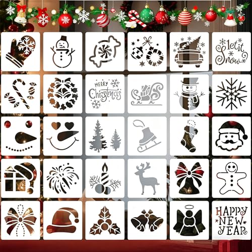 12インチ 30個 クリスマスステンシル 再利用可能でトイレに流せるプラスチックステンシル キャンディ スノーマン スノーフレーク 鹿 クリスマスベル パターンテンプレート 木材、工芸品、壁、ホームサイン装飾、布へのペイント用