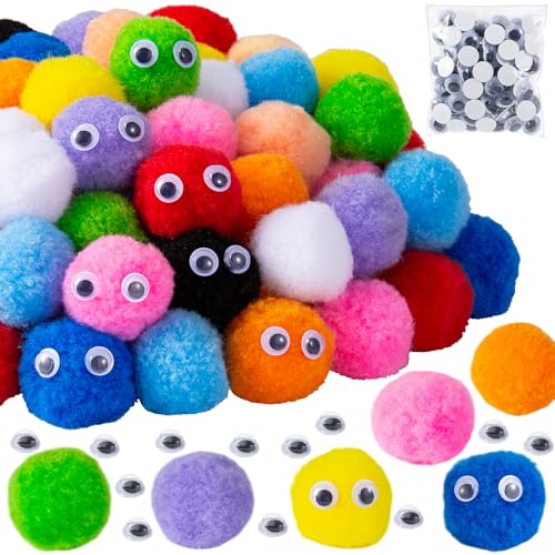 Large Pom poms 1-1/2 Inch 100 Pieces Assorted Pompoms Balls with 100 Pieces Wiggle Eyes for Arts Crafts Decorations