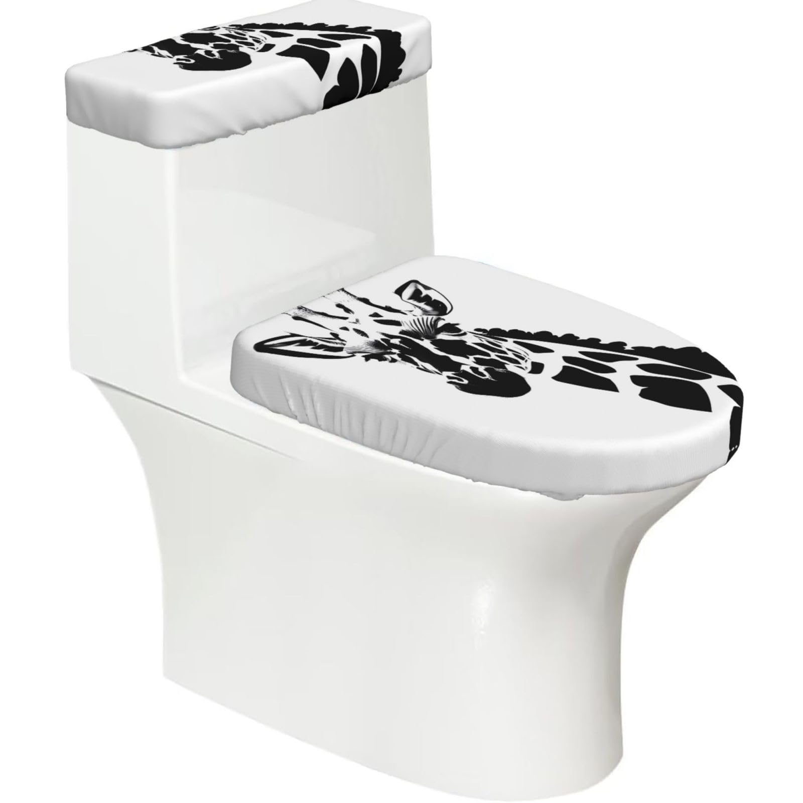 Black and White Giraffe 2-Piece Toilet Seat Cover Set with Tank Lid - Elastic for U-Shape & Elongated - Bathroom Decor