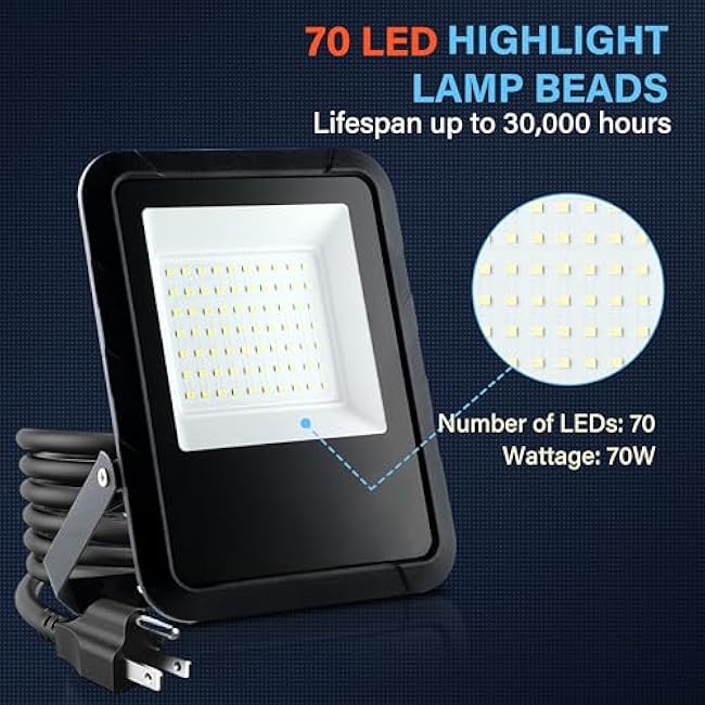 Simple Deluxe 2 Pack LED Flood Lights Outdoor, 70W 7000LM Super Bright Outside Work Light with Plug, IP65 Waterproof, 6500K Floodlight for Garage, Yard, Lawn