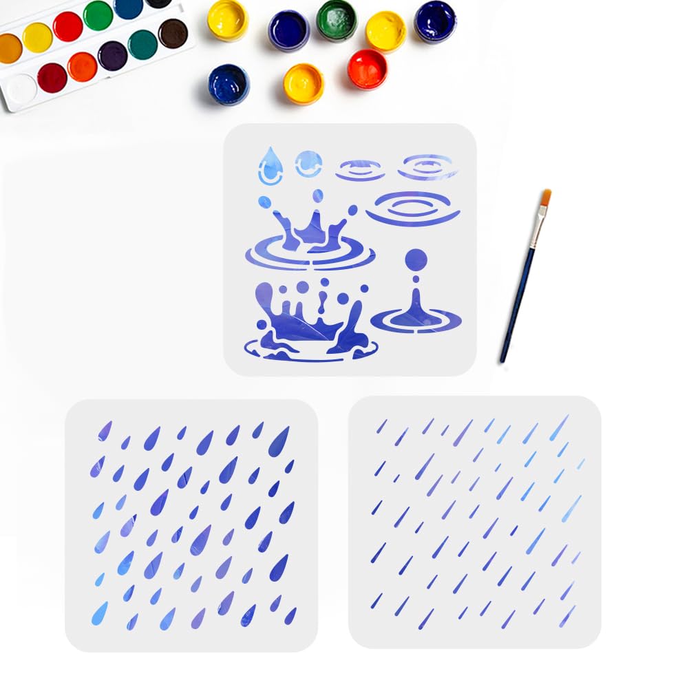 MAYJOYDIY 3Pcs Raindrops Droplet Stencils 7.8×7.8inch Reusable Rainy Day Stencil for Painting Water Splashes Art Craft Templates with Paint Brush for