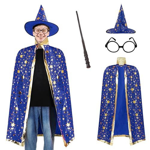 EDAUWAE Adult Wizard Cape Wizard Cloak Costume with Wizard Hat Wand and Eyeglasses for Halloween Cosplay