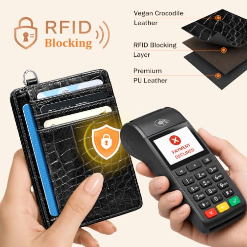 Image of Coco Rossi Crocodile Wallet Women Slim Credit Card Holder with Keychain | Luxury Wallets, Alligator Print, RFID Blocking, ID Case, Small Minimalist, Womens Girls Gift, Black Croc