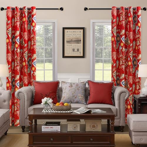 Image of XiDi Red Floral Patterned Blackout Curtains 96 Inches Long 2 Panels | for Bedroom Living Room Thermal Insulated Luxury Vintage Flower Curtains Botanical Leaf Printed Grommet Window Drapes 52x96
