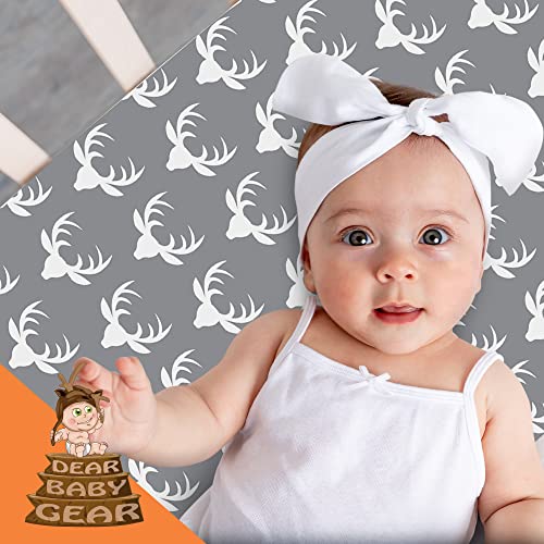 Image of Dear Baby Gear Baby Crib Sheets - Toddler Bed Sheets - Breathable Fitted Bed Sheet - Nursery Bedding - Cribs Mattress Cover - Infant Crib Sheet for Girl & Boys -52x28x10 (White Antler on Gray Print)