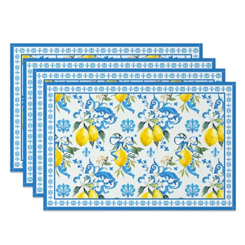 MIRRORANG Juego de 4 manteles individuales con estampado de limón, azulejos azules, 45x30cm, limones amarillos, flores blancas, manteles de cocina florales azules para fiestas de verano costeras