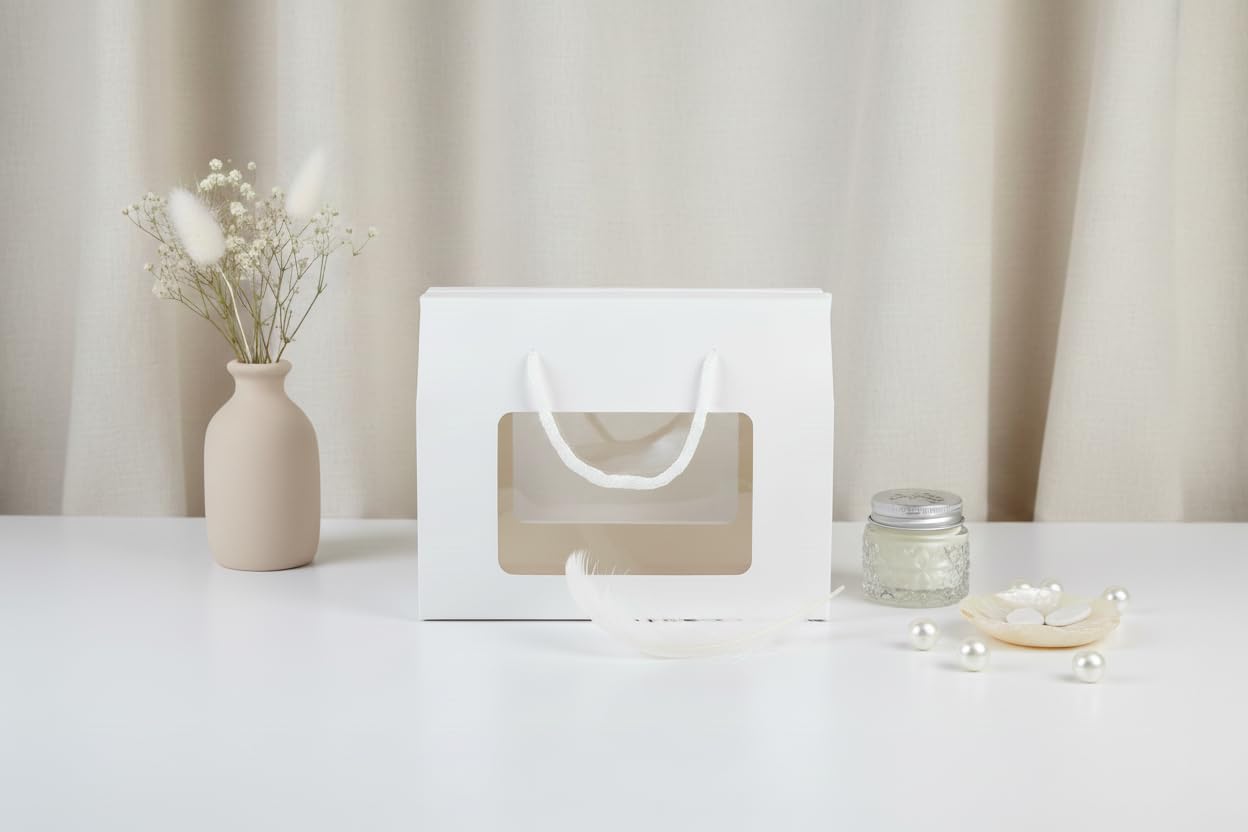 Emartbuy Weiße Kraft-Geschenkboxen mit Fenster & Griff - Größe 2 (20 × 15 × 11 cm) - Luxus-Präsentationsboxen für Bäckerei & Firmengeschenke - 96 Stück