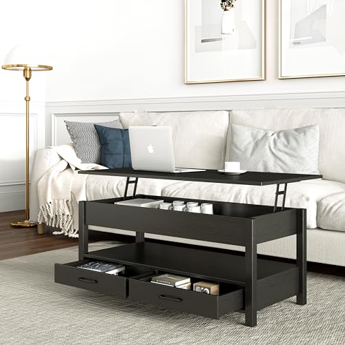 Panana Lift Up Top Coffee Table Wooden Coffee Table with Hidden Compartment, 2 Drawers & 1 Open Shelf, Lift-Top Sofa End Tea Tables For Living Room (Black) - Image 4
