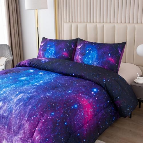 Image of NINENINE Galaxy Bedding 5PCS Twin Size Comforter Sets for Girls Purple Bedding Set Bed in a Bag Space Bedding Set(1Comforter, 1Flat Sheet, 1Fitted Sheet, 2Pillowcases)