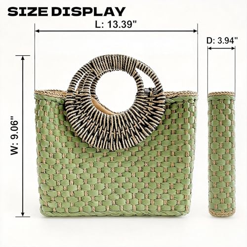 Bolso de playa retro de paja para mujer con asa redonda verde miniatura 7