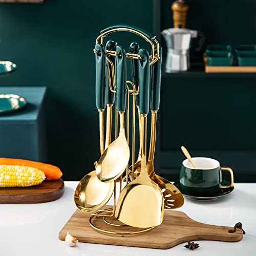 Miniatura 5 de Utensilios de cocina de acero inoxidable con mango de cerámica, 7 piezas con estante colgante, juegos de cocina antiquemaduras, juegos de utensilios