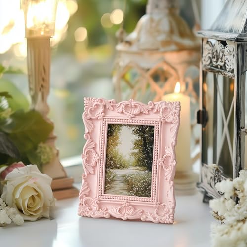 Image of eletecpro 2x3 Cute Picture Frame with Real Glass Cover, Ornate Antique Photo Frame, Display 2x3 Picture for Tabletop or Wall Hanging Horizontal & Vertical, Pink Home Decor for Bedroom, Livingroom