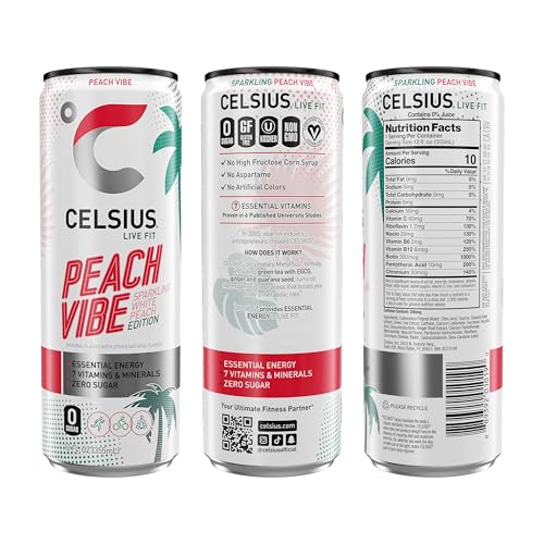 Image of CELSIUS Sparkling Peach Vibe, Functional Essential Energy Drink 12 Fl Oz (Pack of 4)