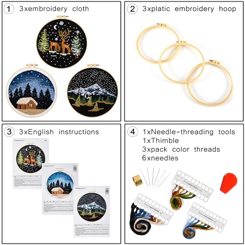 Image of Armindou Embroidery Kit for Beginner Adults, Counted Stamped Cross Stitch kit for Adult Beginner, Hand Embroidery Starter Kits with Pattern, 3 Embroidery Hoop, Fabric (Attached Teaching Video QR Code)