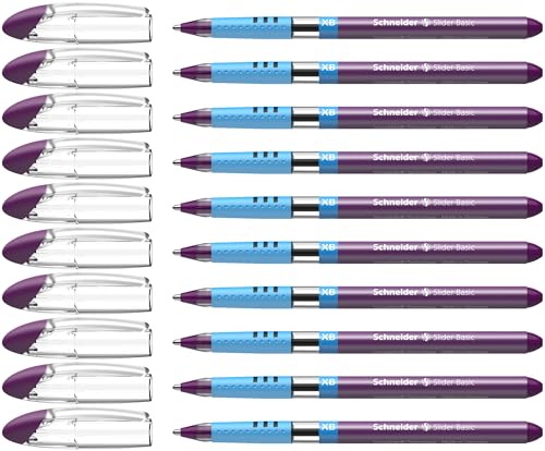 Schneider Slider Basic XB (Extra Broad) Ballpoint Pen, 1.4 mm, Transparent Barrel, Violet Ink, Box of 10 Pens (151208)