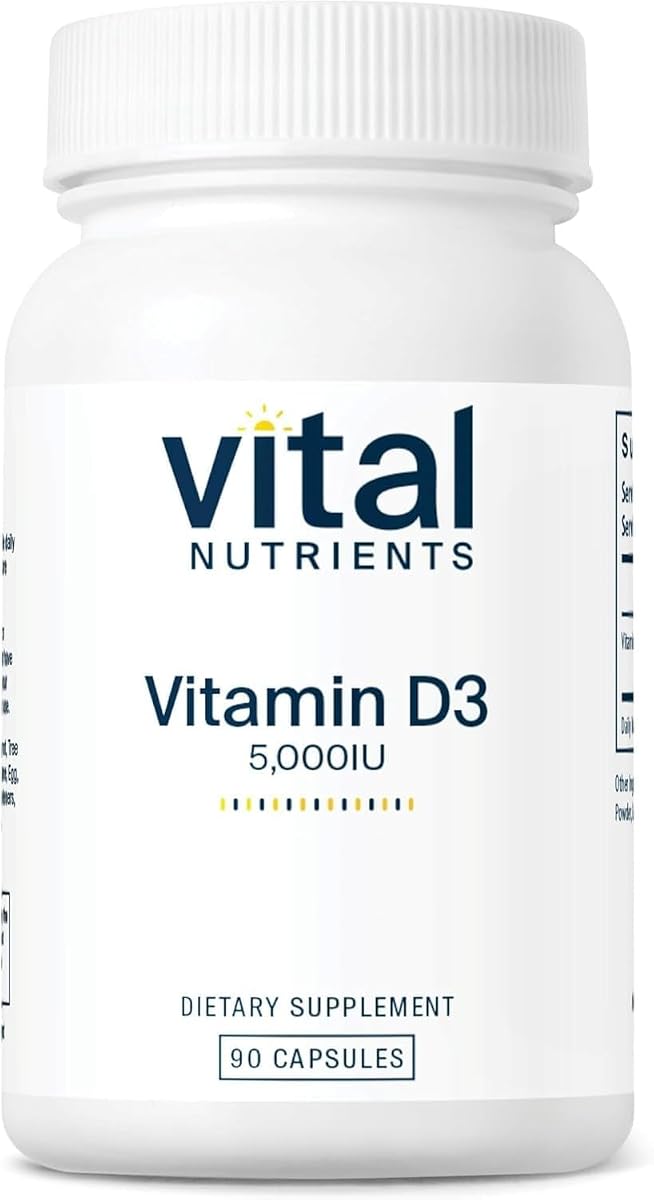 Vitamina D 5000 UI - Suplemento de vitamina D3 - Huesos, dientes, músculos sanos *- Función celular e inmune - Absorción de calcio - Sin gluten, lácteos ni soja - 90 cápsulas