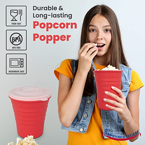Happyness Team Microwave Popcorn Popper – Premium Collapsible Bowl For Popcorn, Fruit, Nuts, Snacks – Microwave Single Serve Popcorn Maker With Lid - Saving Design - Bpa Free & Dishwasher Safe-Red #TOP3