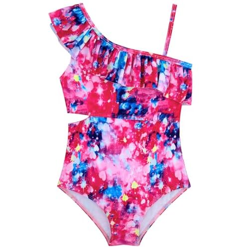 Girls One Piece Swimsuits Cutout Ruffle Bathing Suit Quick Dry Beach Swimwear with Adjustable Strap 5-14 Years 5-6 Years Aqua Blue Leaf