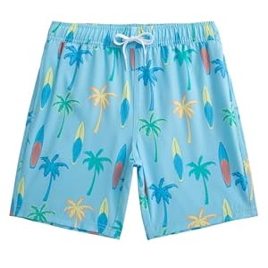 MaaMgic Jungens 4 Way Stretch Badehosen Schnelltrocknend Badeshorts mit Mesh-Futter Taschen und Verstellbarem Tunnelzug MEHRWEG, Hellblau Palmen Paddle Board, 2 Jahre