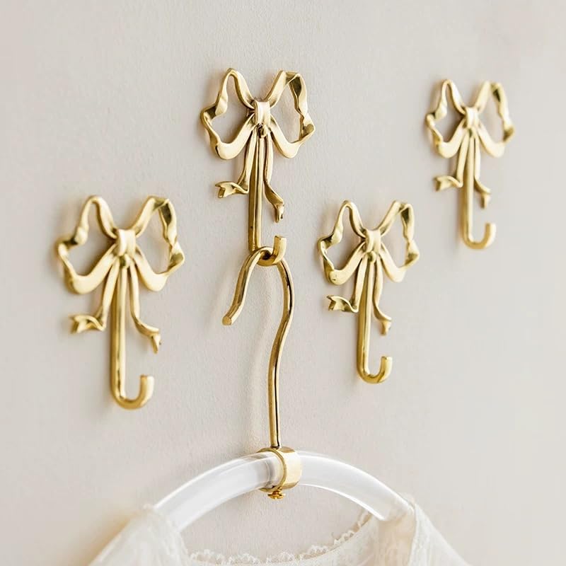Bow Wall Hooks Brass (2 Pcs) Christmas Wall Decor Gold Hooks Door Hanger Towel Multi-Purpose Hooks for Hanging for Bathroom Living Room Kitchen Decor Christmas Birthday Gift (L)