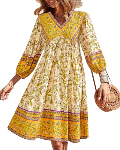 Image of BTFBM Women Casual Spring Summer Dresses V Neck 3 /4 Long Sleeve Ruffle Floral Flowy Boho Babydoll Mini Short Beach Dress