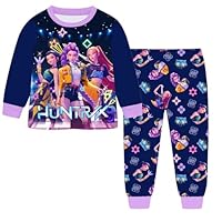 ππ₯π€π₯ Demon Hunters Pjs 2 Pack for Girls Rumi Costume H-Huntrix Hip Hop Y2k K Pop Pyjamas Set Music Cartoon Print Pajama Sleepwear for Kids 5-13 Years(Navy,150)