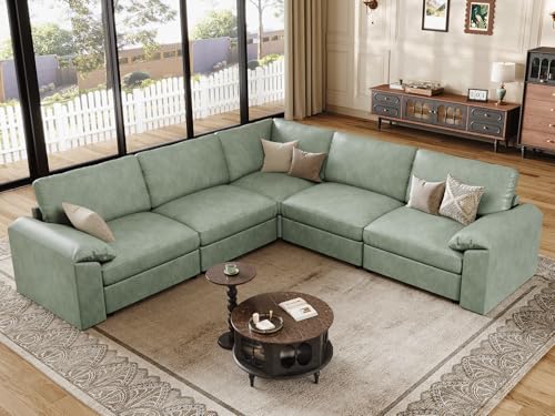 Image of EASE MOOSE Oversized Corner Modular Sectional Sofa, Faux Leather Sectional Sofa with Deep Seat, Vintage Scratch Resistant Faux Leather Material, Extra Large L Shaped Couch,Green