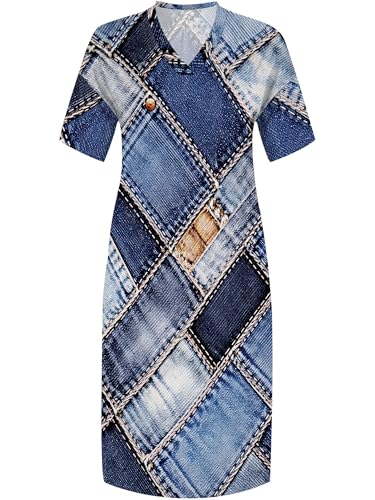 Image of SUZONANA Plus Size Denim Print Maxi Dresses for Women Casual V Neck Short Sleeve with Pockets Soft Jean Look Dress XL-6XL