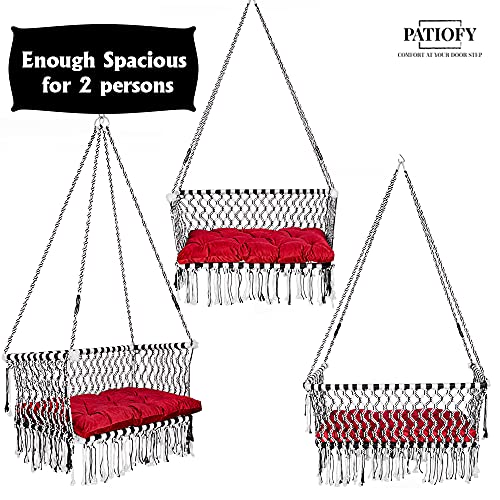 Image of Patiofy Premium Large Double Seater Swing Chair /Hanging Hammock Swing Chair for 2 People /Jhula for Adults & Kids / 2 Seater Swing for Balcony, Free Hanging Kit & Sitting Cushion Included(White-Black)