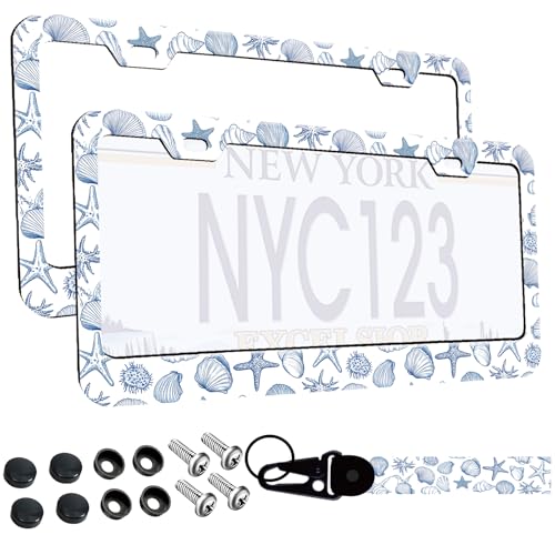2 Pack Blue White Seashells Ocean License Plate Frames for Women 2 Holes Beach Seashells Aluminum License Plate Holder Standard Size Car Tag with Keychain Wrist Lanyard