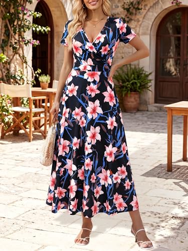 Image of HUHOT Women's Short Sleeve Wrap V Neck Dresses for Wedding Guest Summer Floral Maxi Sundresses with Pockets Boho Dress