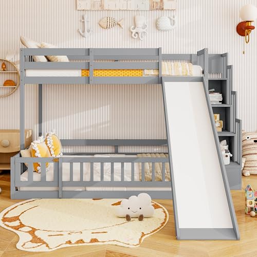Image of YOPTO Twin Over Full Bunk Bed with Slide,Storage Staircase & Safety Guardrails,Wooden Bunk Bed w /Slat Support,Space Saving,Bedframe Furniture for Student Dorms,Studio,Grey