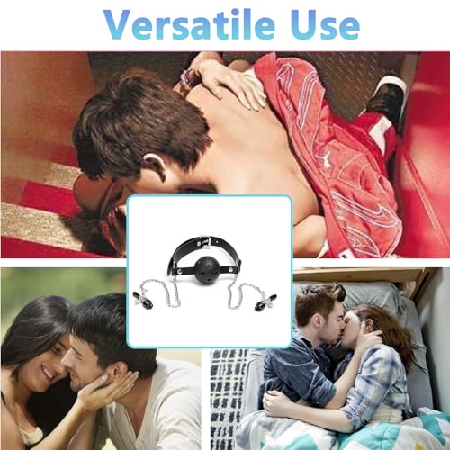 Image of DFsucces Leather Restraints Ball Mouth Plug Silicone Bondage Ball Gag Hollowed-Breathable Silicone Sex Gag Muzzles Adjustable Strap Bondage Harness Restraints( (Black-J1)