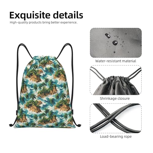 Drawstring Backpack - Tropical Hawaiian Island Print Sports Gym Sackpack String Bag For Women Men, Lightweight Draw String Back Bag For Workout Travel3