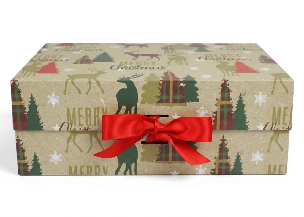 Emartbuy Christmas Folding Magnetic Gift Box with Decorative Ribbon – 33 x 25 x 12 cm – Fits Hampers & Mid-Size Gifts – Festive Gifting Hampers Corporate Christmas Wholesale — image 1