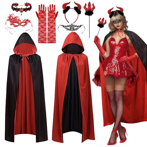 Ycaaeo Déguisement Diable Femme - Cape Vampire avec Masques, Corne, Fourchette, Gants Longs en Dentelle - Costume Halloween, Carnaval