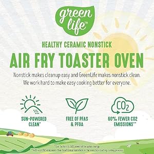 GreenLife Countertop Toaster Oven Air Fryer Stainless Steel Healthy Ceramic Nonstick PFAS and PFOA Free Tray Basket Bake Broil Reheat Adjustable Temp Time Control Auto Shutoff Turquoise