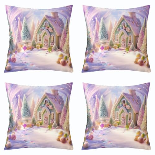 Loussiesd Fundas de almohada de Navidad moradas y rosas para el hogar, sofá, cama, árbol de Navidad, casa de jengibre, 40 x 40 cm, decoración de habitación de niños, fundas de cojín de caramelo de